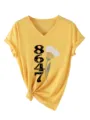 Lässiges gelbes V-Ausschnitt Damen Kurzarm T-Shirt mit 8647 Druck und Knoten-Saumdetail. - S / Oberteile / Gelb