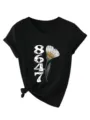 Lässiges Damen V-Ausschnitt Kurzarm T-Shirt mit 8647 Blumenmuster und modischem Knotendetail. - Schwarz