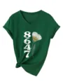 Damen Gruene V-Ausschnitt Kurzarm Knoten T-Shirt Sommertop mit Blumen Grafik 8647 - Vintage Grün