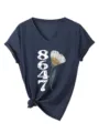 Damen Freizeit V-Ausschnitt Kurzarm T-Shirt mit 8647 Blumenmuster Knoten Saum dunkelblau - Marineblau(3812)