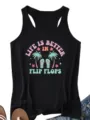 Close-up of graphic print tank top featuring summer palm tree and flip flops design. - S / Tops / Black
