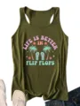 Women summer casual olive green racerback tank top with fun beach palm trees print - Olive Green