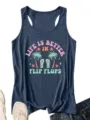 Women's casual blue summer tank top with tropical beach flip flops graphic print casual wear - Navy Blue