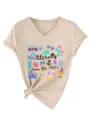 Casual μπεζ γυναικείο t-shirt με V λαιμό, κοντά μανίκια και 90s ρετρό graphic print! - Tops / Χρώμα της Άμμου / S