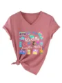 Ρετρό γυναικείο T-shirt με V λαιμόκοψη, κοντό μανίκι και νοσταλγικά σχέδια 90s με κόμπο. - Tops / Ροζ Χρυσό (Λευκό Γραφικό) / S