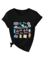 Κομψό γυναικείο casual T-shirt με V λαιμόκοψη και ρετρό τύπωμα δεκαετίας του 90 - Tops / Μαύρο / S