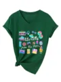 Γυναικείο Πράσινο T-Shirt με V-Λαιμόκοψη και Κοντό Μανίκι Ρετρό Στάμπες 90s Casual - Tops / Vintage Πράσινο / S