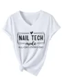 Casual white V-neck short sleeve T-shirt featuring nail tech letter print and front knot. - S / Tops / White