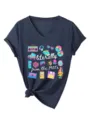 Ρετρό T-shirt με V λαιμόκοψη και κοντό μανίκι 90s με γραφικό τύπωμα και κόμπο μπροστά. - Tops / Ναυτικό Μπλε / S