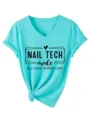 Turquoise V-neck short sleeve T-shirt with nail tech print and stylish front knot design. - S / Tops / Deep Water Blue