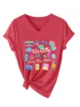 Ρετρό γυναικείο κοντομάνικο T-shirt με V-neck και κόμπο, γραφικό σχέδιο 90s για casual. - Tops / Κόκκινο / S