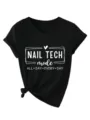 Detail view of black V-neck t-shirt featuring nail tech graphic print and knot hem. - S / Top (3812) / Black