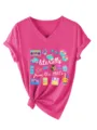 Ροζ casual γυναικείο t-shirt με V-neck και κοντό μανίκι με ρετρό τύπωμα δεκαετίας 90 - S / Tops / Τριανταφυλλί