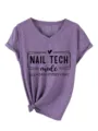 Stylish women's purple V-neck short sleeve t-shirt featuring a chic nail tech letter print. - S / Tops / Purple