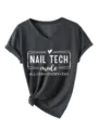 Casual dark grey V-neck short sleeve T-shirt with stylish nail tech graphic print for women. - S / Tops / Black Heather Grey