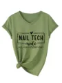 Olive green V-neck short sleeve t-shirt featuring nail tech print and knot detail. - S / Tops / Olive Green