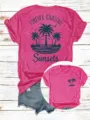 Locker geschnittenes Damen Kurzarm-T-Shirt mit tropischem Palmen-Sonnenuntergang Graphic. - Fuchsia