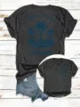 Lässiges Damen Kurzarm T-Shirt mit Palmen Sonnenuntergang Grafik und Schriftzug. - Dunkelgrau