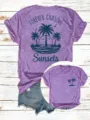 Lässiges Damen Kurzarm T-Shirt mit tropischem Palmen Sunset Grafikdruck und Rundhalsausschnitt. - Lila