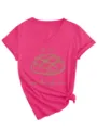 Dames casual V-hals korte mouw grafisch t-shirt roze zuurdesem brood print zomer top mode - S / Tops / Rood