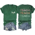 Women's vintage mineral wash V-neck short sleeve graphic tee with inspirational teach print. - S / Tops / Vintage Green