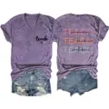 Women's V-neck short sleeve t-shirt with inspirational print and denim shorts set. - S / Tops / Purple