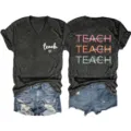 Women V-neck short sleeve graphic t-shirt with distressed denim shorts casual stylish outfit. - S / Tops / Black Heather Grey
