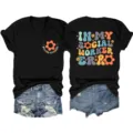 Zwart dames V-hals korte mouw t-shirt met social worker graphic retro casual top. - S / Tops / Zwart