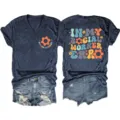 Casual dames V-hals korte mouw t-shirt met leuke social worker grafische print. - S / Tops / Marineblauw