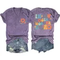 Retro social worker era print V-hals T-shirt casual dames zomer korte mouw top - S / Tops / Paars