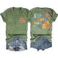 Vintage gewassen groene dames v-hals t-shirt met korte mouwen en denim korte broek. - S / Tops / Olijfgroen