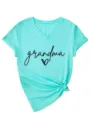 Damen V-Ausschnitt Kurzarm T-Shirt mit Grandma Buchstaben und süßem Herz Design casual. - S / Oberteile / Tiefwasserblau