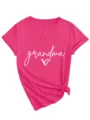 Damen lässiges V-Ausschnitt Kurzarm T-Shirt mit Grandma Buchstaben Print und Knotendetail. - S / Oberteile / Rot