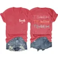 Women short sleeve V-neck red T-shirt with inspirational teach text print and denim shorts set. - S / Top (3812) / Red