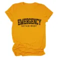 Lässiges Damen senfgelbes Kurzarm T-Shirt mit Emergency Department Aufdruck Buchstaben. - S / Oberteile / Senfgelb (Schwarzer Text)