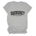 Graues Damen Kurzarm T-Shirt lässig mit Emergency Department Frontdruck Rundhalsausschnitt Detail. - S / Oberteile / Lichtgrau (Schwarzer Text)