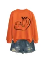 Felpa donna autunno inverno arancione manica lunga con stampa cane cavallo e pantaloncini jeans - Taglia S / Top / Arancione (Carattere Nero)