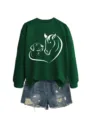 Felpa verde casual da donna a maniche lunghe con stampa cuore cane cavallo e shorts in denim - Taglia S / Top / felpa verde scuro (scritta bianca)