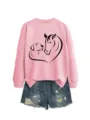Moderna felpa da donna rosa casual con simpatico motivo a cuore di cane e cavallo. - Taglia S / Top / felpa rosa (scritta nera)