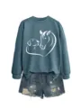 Dettagli felpa donna manica lunga con grafica cuore cane cavallo e pantaloncini jeans. - Taglia S / Top / Blu (Font Bianco)