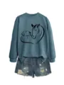 Felpa da donna a manica lunga con dettaglio di stampa cuore cane e cavallo carino. - Taglia S / Top / Blu (Carattere Nero)