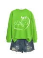 Felpa da donna a manica lunga casual con dettaglio grafico cuore cane e cavallo. - Taglia S / Top / Verde Neon (Carattere Bianco)