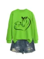 Vista dettagliata della felpa verde neon con stampa cuore cane cavallo e pantaloncini. - Taglia S / Top / Verde Neon (Carattere Nero)