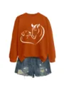 Felpa arancione a maniche lunghe con simpatica stampa grafica di cane e cavallo, casual. - Taglia S / Top / arancio bruciato (scritta bianca)