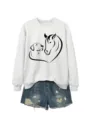 Felpa casual da donna a manica lunga con dettaglio di stampa grafica di cani e cavalli. - Taglia S / Top / Bianco Sporco (Carattere Nero)
