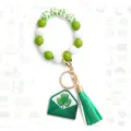 St. Patrick's Day wooden bead wristlet keychain with shamrock envelope charm and green tassel. - Irish Festival Style 2