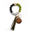 Silicone beaded keychain bracelet with leather tassel and engraved wood charm for mothers. - Army Green