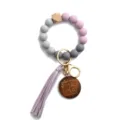 Silicone beaded key ring bracelet with wood bead, leather tassel and engraved MAMA wooden pendant. - Purple