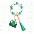 St. Patricks Day beaded keychain green white wooden bead bracelet with clover tassel charm - Irish Festival Style 9