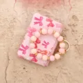 Pink leather card holder wallet with sweet bow pattern and silicone bead wristlet keychain - Light Pink Bow